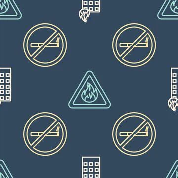 Set line Fire in burning building, No Smoking and Fire flame in triangle on Stock Illustration
