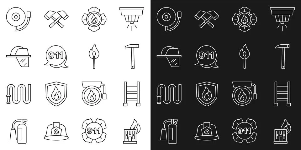 Set line Fire in burning building, escape, Firefighter axe, Emergency call 911 Ilustración de archivo