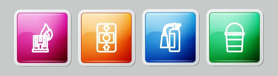 Set line Fire in burning building, alarm system, extinguisher and bucket. C.. Stock Illustration