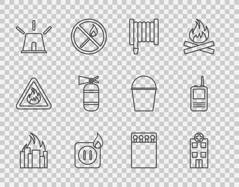 Set line Fire in burning buildings, Medical hospital, hose reel, Electric wiring Stock Illustration