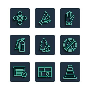 Set line Fire in burning garage, Evacuation plan, Traffic cone, Firefighter Stock Illustration