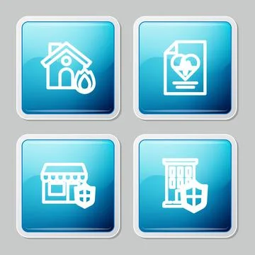 Set line Fire in burning house, Health insurance, Shopping building with shield Ilustración de archivo
