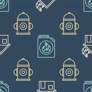 Set line Fire in burning house, Fire hydrant and Canister for flammable liquids Stock Illustration