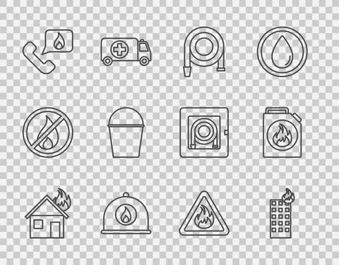Set line Fire in burning house, building, hose reel, Firefighter helmet Ilustración de archivo