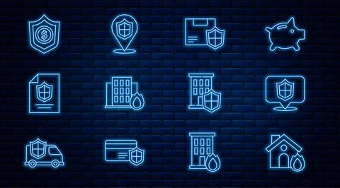 Set line Fire in burning house, Location shield, Delivery security with Stock Illustration