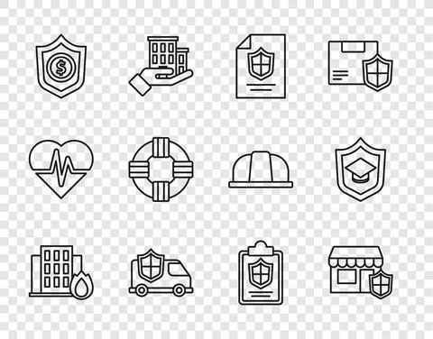 Set line Fire in burning house, Shopping building with shield, Contract, Car Ilustración de archivo