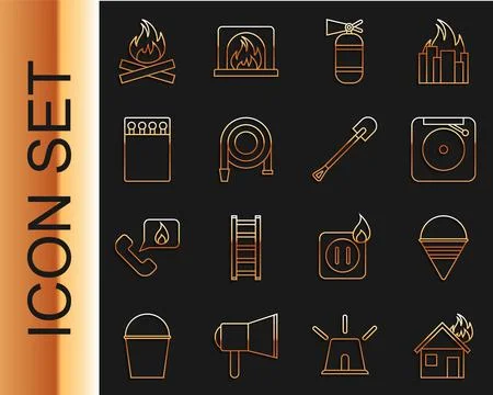 Set line Fire in burning house, cone bucket, Ringing alarm bell, extinguisher 库存插图