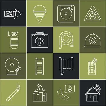 Set line Fire in burning house, building, Firefighter helmet, Ringing alarm b Ilustración de archivo
