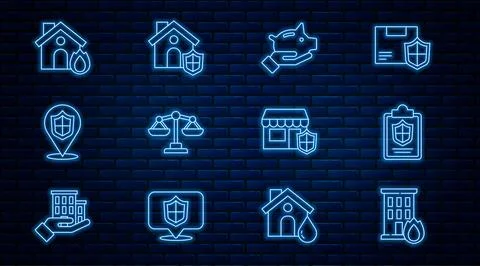 Set line Fire in burning house, Document with shield, Piggy bank, Scales of.. Stock Illustration