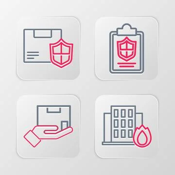 Set line Fire in burning house, Delivery insurance, Document with shield an.. Stock Illustration