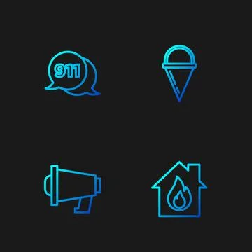 Set line Fire in burning house, Megaphone, Telephone call 911 and cone buck.. Stock Illustration