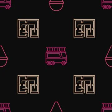 Set line Fire cone bucket, Evacuation plan and truck on seamless pattern. Vector 스톡 일러스트
