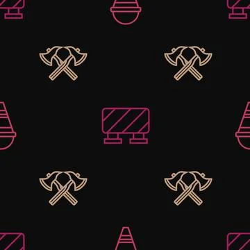 Set line Fire cone bucket, Firefighter axe and Road barrier on seamless pattern Illustration