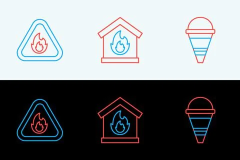 Set line Fire cone bucket, flame in triangle and burning house icon. Vector Illustrazione stock