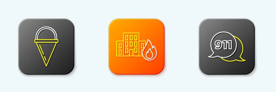 Set line Fire cone bucket, in burning buildings and Telephone call 911 icon.. Stock Illustration