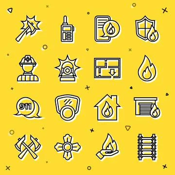 Set line Fire escape, in burning garage, flame, Phone with emergency call 911 Ilustración de archivo
