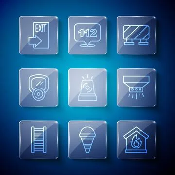 Set line Fire escape, cone bucket, in burning house, Road barrier, Flasher siren Stock Illustration
