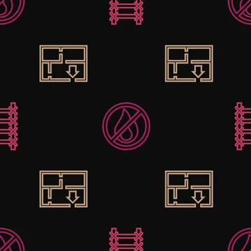 Set line Fire escape, Evacuation plan and No fire on seamless pattern. Vector Ilustración de archivo