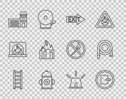 Set line Fire escape, exit, hydrant, Building of fire station, burning buildings Ilustración de archivo