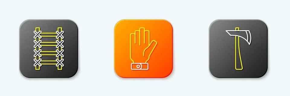 Set line Fire escape, Firefighter gloves and axe icon. Vector Stock Illustration