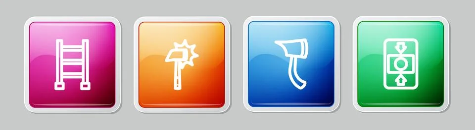 Set line Fire escape, Firefighter axe,  and alarm system. Colorful square b.. Stock Illustration
