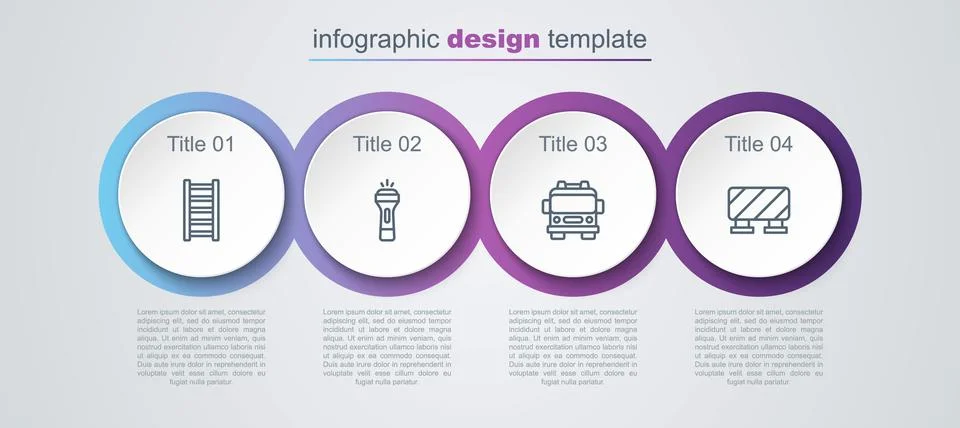 Set line Fire escape, Flashlight, truck and Road barrier. Business infographic Ilustración de archivo