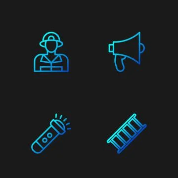 Set line Fire escape, Flashlight, Firefighter and Megaphone. Gradient color.. Stock Illustration