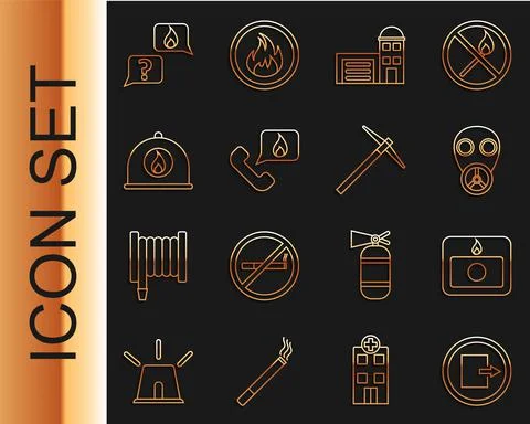 Set line Fire exit, alarm system, Gas mask, Building of fire station, Telephone Ilustración de archivo