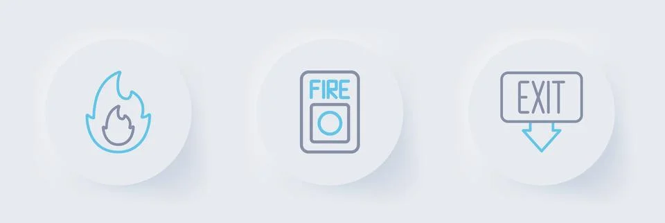 Set line Fire exit, alarm system and flame icon. Vector Stock Illustration