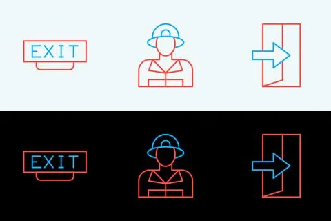 Set line Fire exit,  and Firefighter icon. Vector Stock Illustration