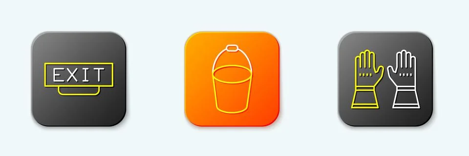 Set line Fire exit, bucket and Firefighter gloves icon. Vector Stock-Illustration