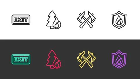 Set line Fire exit, Burning forest tree, Firefighter axe and protection shield Stock Illustration