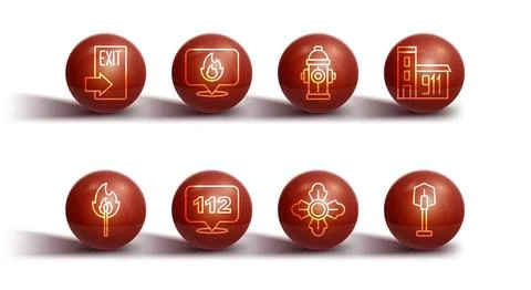 Set line Fire exit Burning match with fire Building of station Firefighter Em Ilustración de archivo