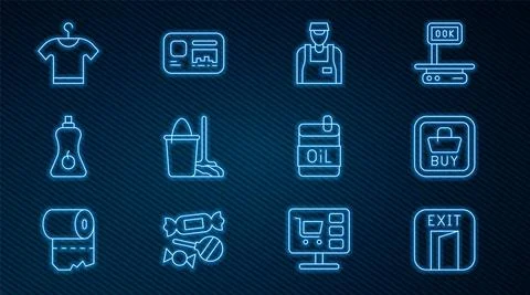 Set line Fire exit, Buy button, Seller, Mop and bucket, Sauce bottle, T-shirt Stock-Illustration