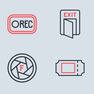 Set line Fire exit, Camera shutter, Cinema ticket and Record button icon. V.. Ilustração Stock