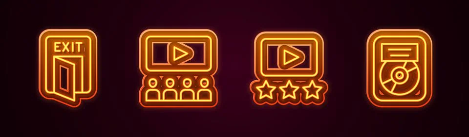 Set line Fire exit, Cinema auditorium with screen, Rating movie and CD disk Stock Illustration