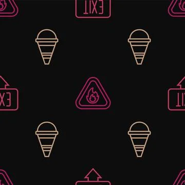 Set line Fire exit, cone bucket and flame in triangle on seamless pattern. Ve 스톡 일러스트