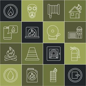 Set line Fire exit, extinguisher, Building of fire station, hose reel, Interior Ilustración de archivo