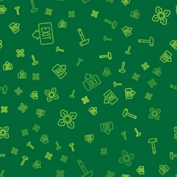 Set line Fire exit, Firefighter and Hammer on seamless pattern. Vector Stock Illustration