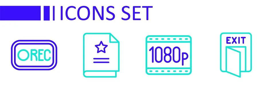 Set line Fire exit, Full HD 1080p, Scenario and Record button icon. Vector Stock Illustration