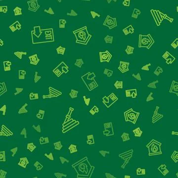 Set line Fire exit, hose reel and in burning house on seamless pattern. Vector Stock Illustration