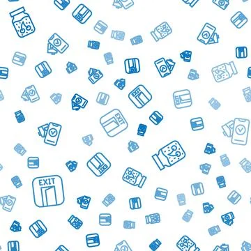 Set line Fire exit, Jam jar and POS terminal on seamless pattern. Vector Stock Illustration