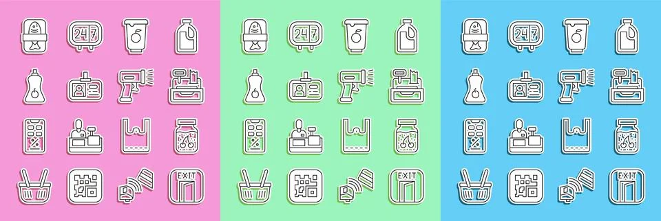 Set line Fire exit, Jam jar, Cash register machine, Yogurt container, Ident.. Illustrazione stock