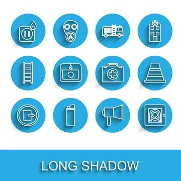 Set line Fire exit, Lighter, Electric wiring of socket in fire, Megaphone, .. Stock Illustration