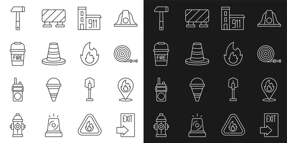 Set line Fire exit, Location with fire flame, hose reel, Building of statio.. Ilustración de archivo