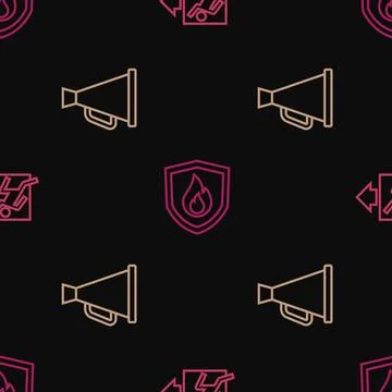 Set line Fire exit, Megaphone and protection shield on seamless pattern. Vector Stockillustratie