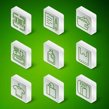 Set line Fire exit, Paper bag with bread loaf, Scanner scanning bar code, Bottle Stock-Illustration
