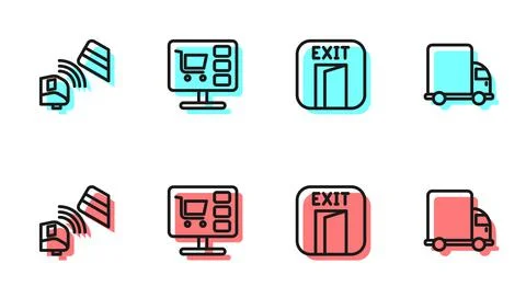 Set line Fire exit, POS terminal with credit card, Shopping cart on computer and Illustrazione stock