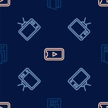 Set line Fire exit, Retro tv and Online play video on seamless pattern. Vecto Illustrazione stock