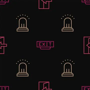 Set line Fire exit, Ringing alarm bell and on seamless pattern. Vector Stock Illustration